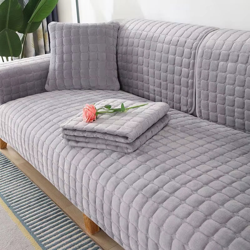 Nordic Solid Color Flannel Sofa Mat Non-Slip Sofa Towel Couch Cushion Cover Winter Warm Soft Universal Simple Couch Slipcovers