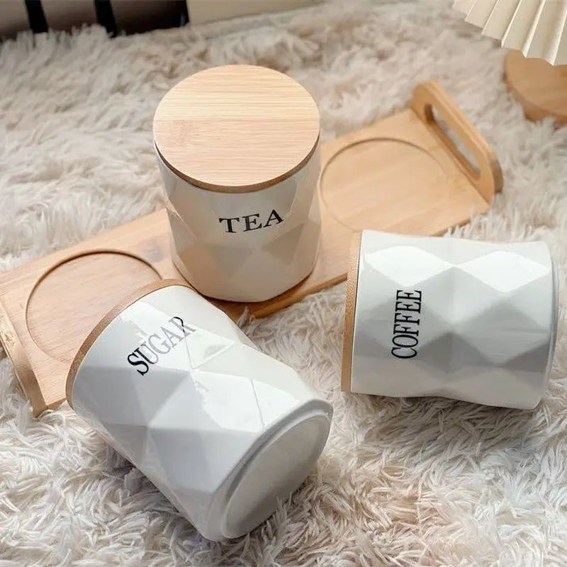 White Ceramic Sealed Moisture-Proof Storage Jars with Wooden Lids