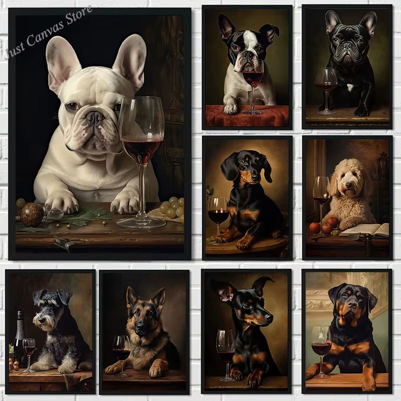 Dogs Enjoying Wine Wall Print