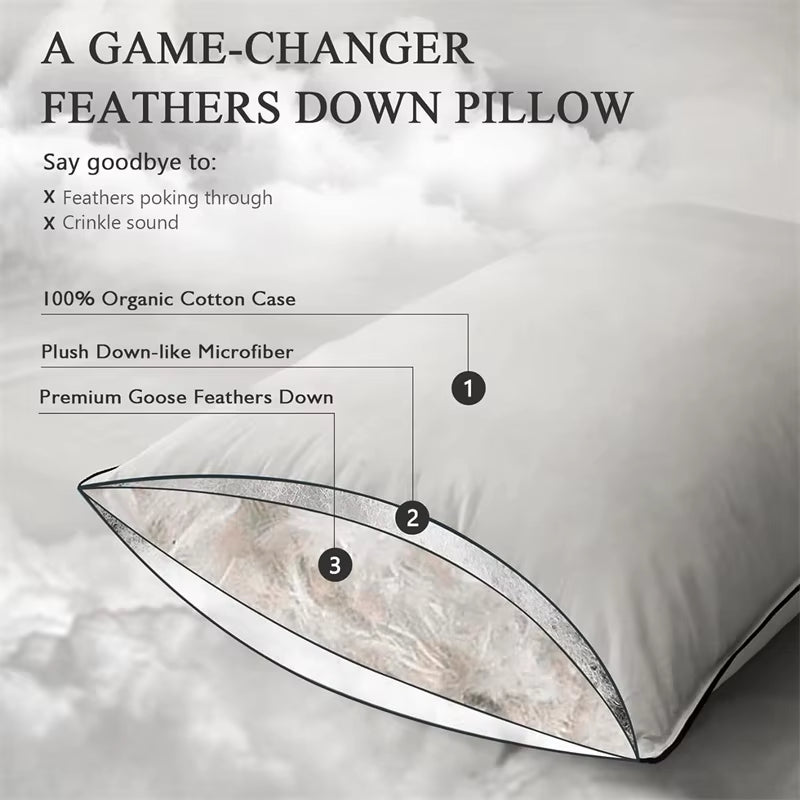 93% Goose Feather down Pillow for Sleeping 1 Pair, Home Bed Pillows Inserts Standard Queen King Size, 100% Organic Cotton Shell