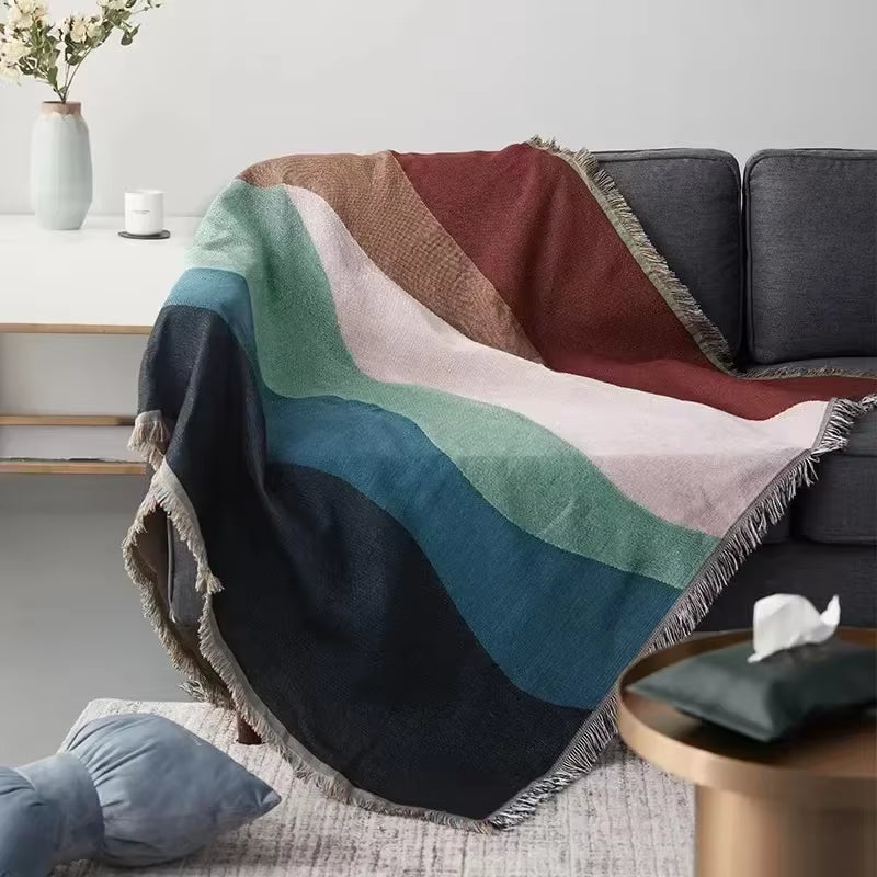 Ins Contrast Color Boho Woven Throw Blanket Reversible Sofa Cover Blanket for Bed Outdoor Camping Picnic Rug Wall Tapestry Decor