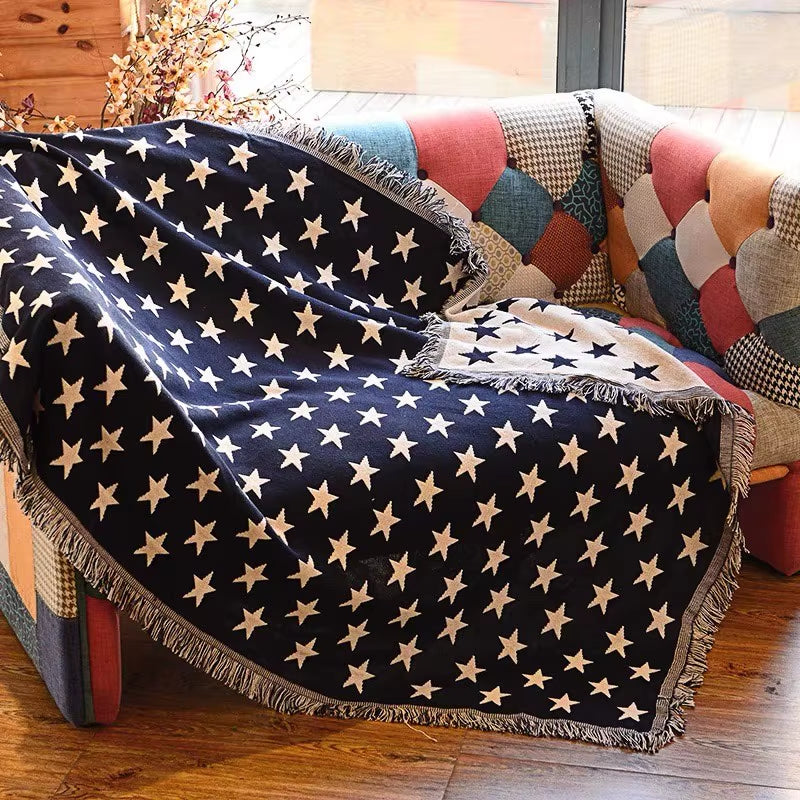 Stars Jacquard Tassels Sofa Throw Blanket Woven Double Sided Sofa Cover Vintage Wall Tapestry Outdoor Picnic Rug Thread Blankets