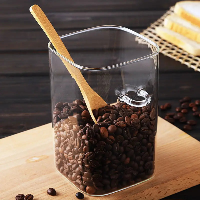 Japanese Style Square Glass Sealed Storage Jars with Wooden Spoons