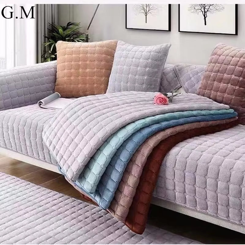 Nordic Solid Color Flannel Sofa Mat Non-Slip Sofa Towel Couch Cushion Cover Winter Warm Soft Universal Simple Couch Slipcovers