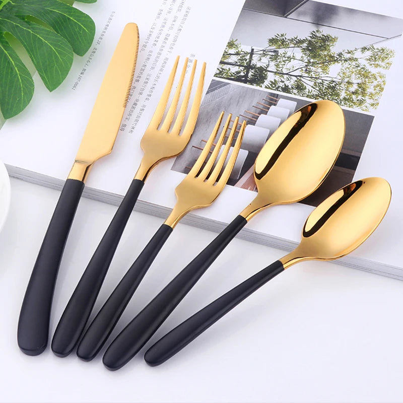 5Pcs Black & Gold Stainless Steel Silverware Set