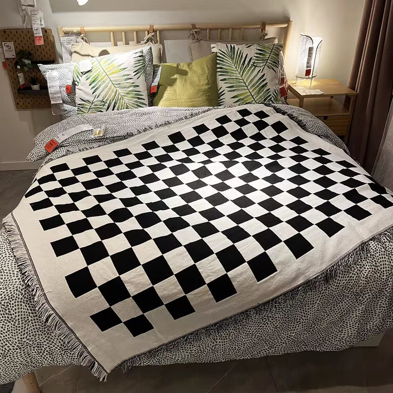 Woven Checkerboard Throw Blanket for Sofa Chair Bed Air Conditioning Blankets Outdoor Camping Blanket Picnic Mat Nap Shawl Towel