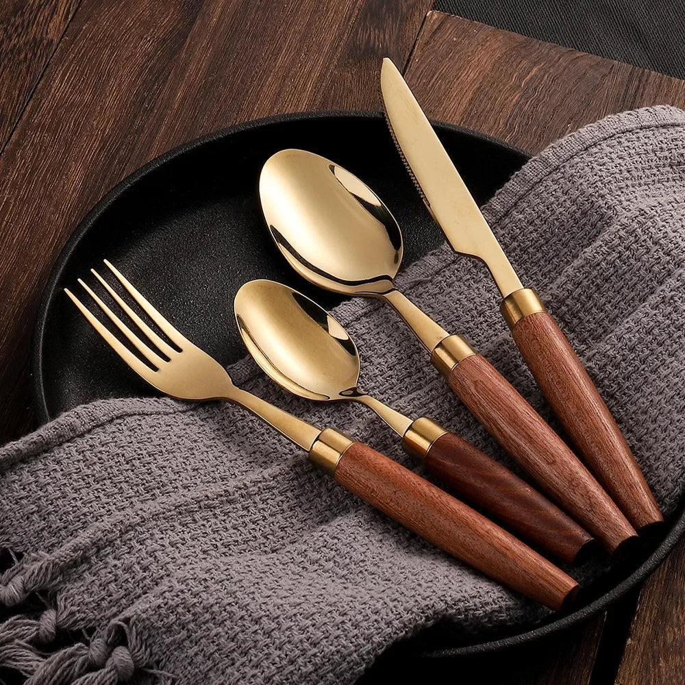 4Pcs Western Wooden Handle Cutlery Set (Stainless Steel)