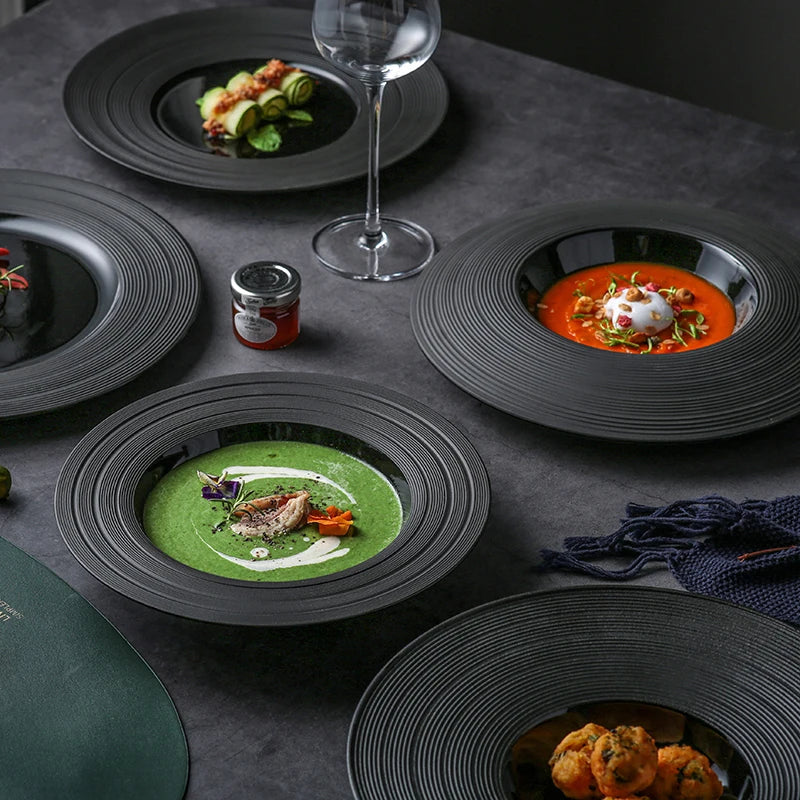 Striped Ceramic Black Dinner Plates