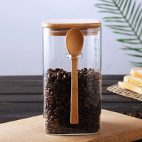 Japanese Style Square Glass Sealed Storage Jars with Wooden Spoons