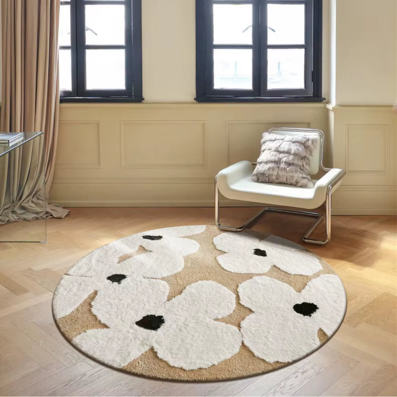 Nordic Flowers Flocked round Rugs Living Room Fluffy Area Rug Bedroom Bedside Anti-Slip Carpet Tufted Soft Floor Mat Home Decor