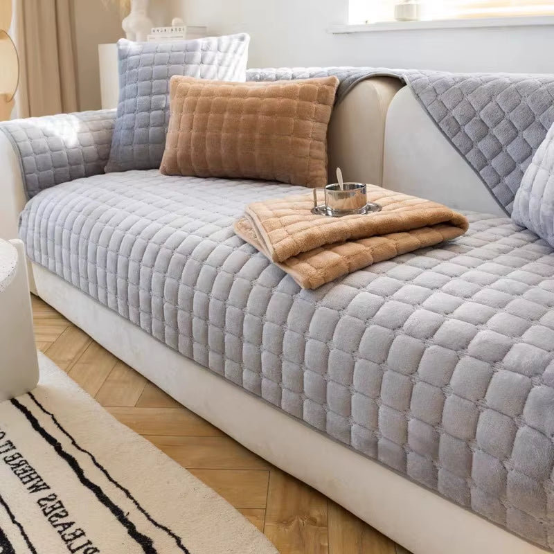 Nordic Solid Color Flannel Sofa Mat Non-Slip Sofa Towel Couch Cushion Cover Winter Warm Soft Universal Simple Couch Slipcovers