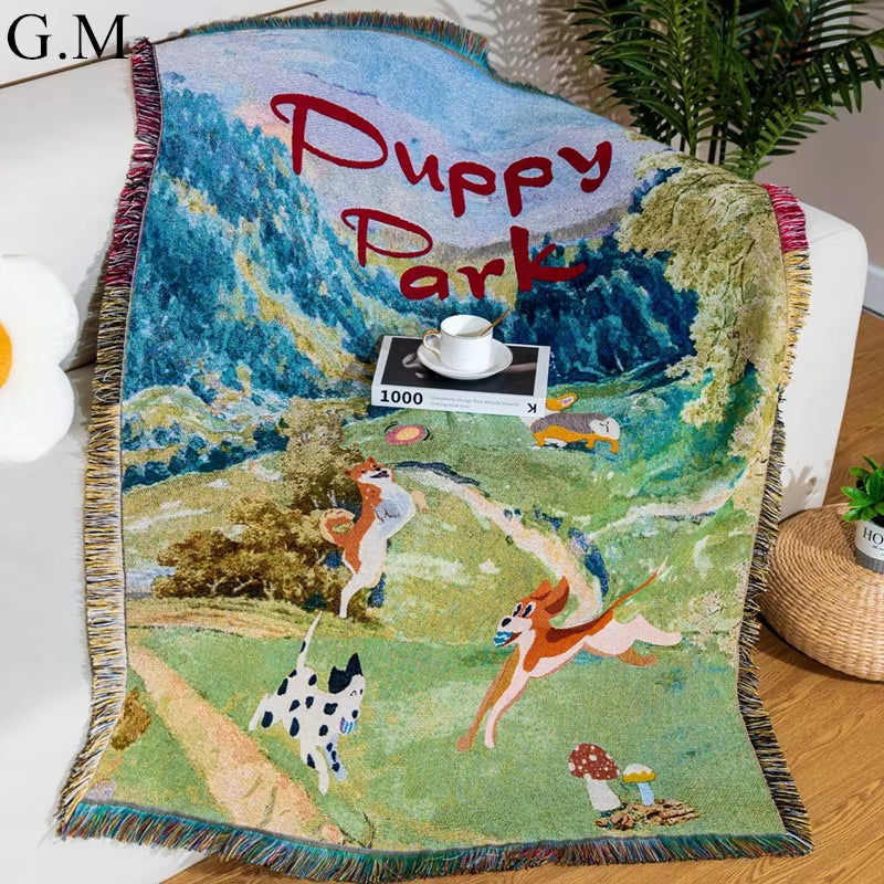 Multifunction Puppy Jacquard Throw Blanket Wall Tapestry Sofa Cover Air Conditioning Blankets for Bed Outdoor Camping Picnic Mat