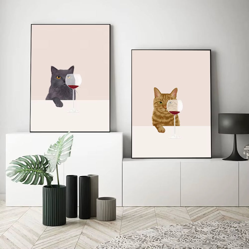 Cat with Red Wine Wall Prints