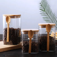 Japanese Style Square Glass Sealed Storage Jars with Wooden Spoons