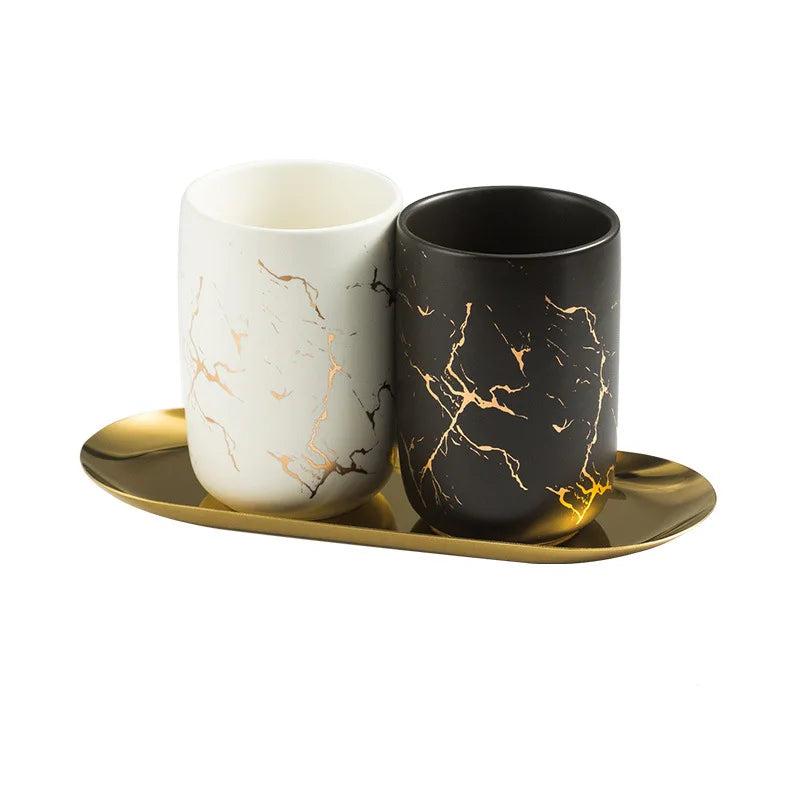 Ceramic Marbled Gold Plated Toothbrush Cups