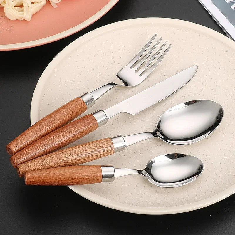 4Pcs Western Wooden Handle Cutlery Set (Stainless Steel)