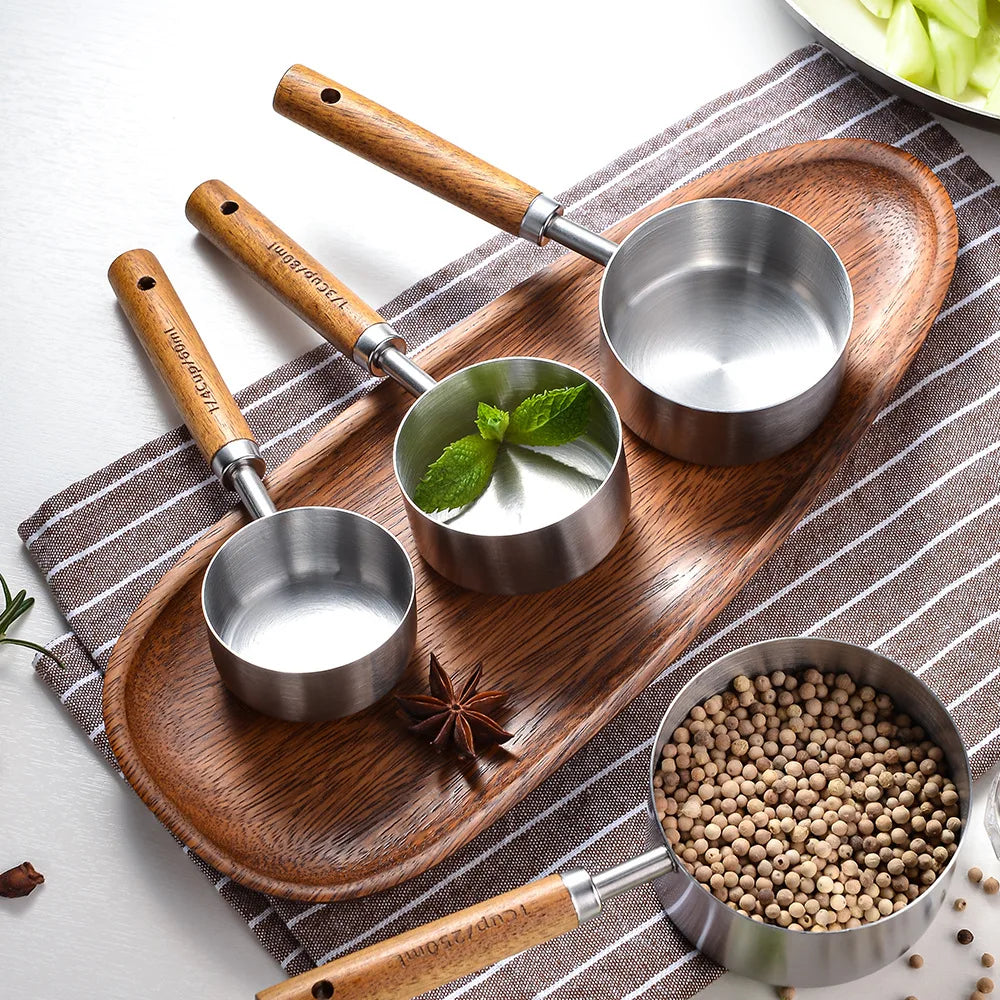 4/8Pcs Stainless Steel Wooden Measuring Cups