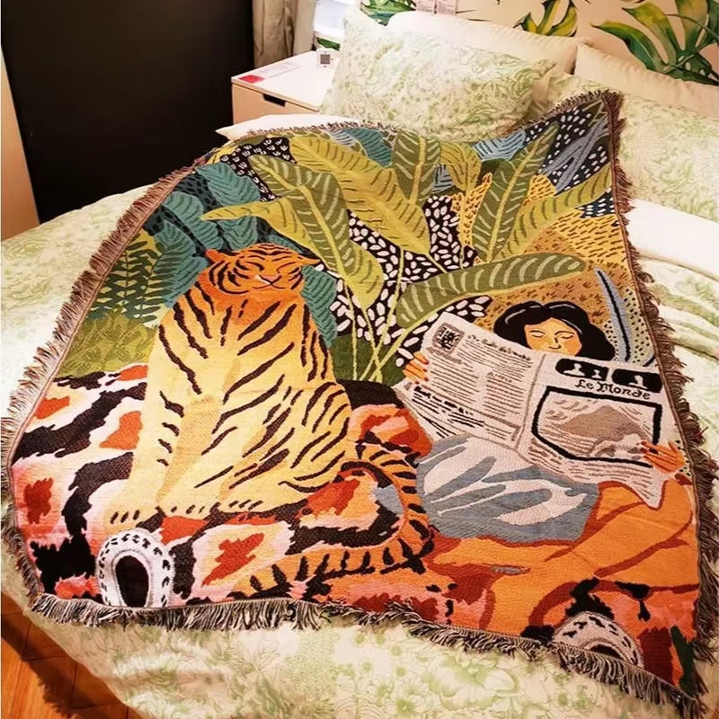 Ins Cartoon Tiger Throw Blanket Knitted Tassel Blankets for Beds Sofa Cover Camping Picnic Mat Wall Hanging Tapestry Home Decor