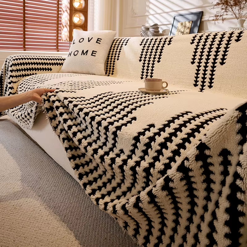 Luxury Thickened Plush Sofa Towel for Living Room Autumn Winter Universal Couch Cover Geometric Stripes Full Cover Sofa Towel