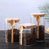 Japanese Style Square Glass Sealed Storage Jars with Wooden Spoons