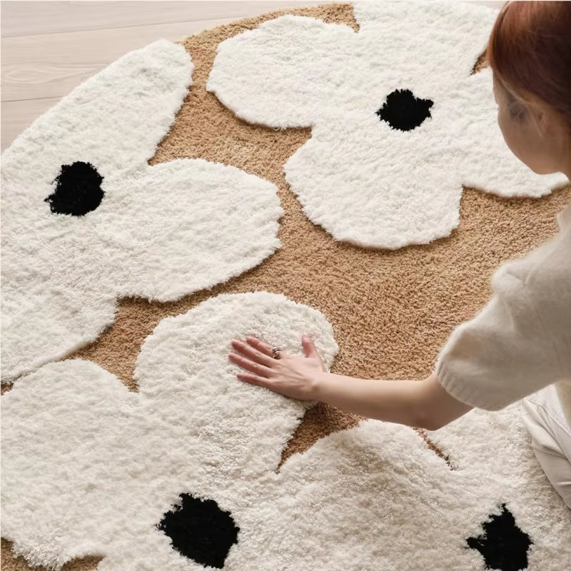 Nordic Flowers Flocked round Rugs Living Room Fluffy Area Rug Bedroom Bedside Anti-Slip Carpet Tufted Soft Floor Mat Home Decor