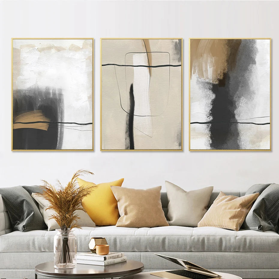 Sepia Black & Beige Brush Line Art Canvas Wall Prints