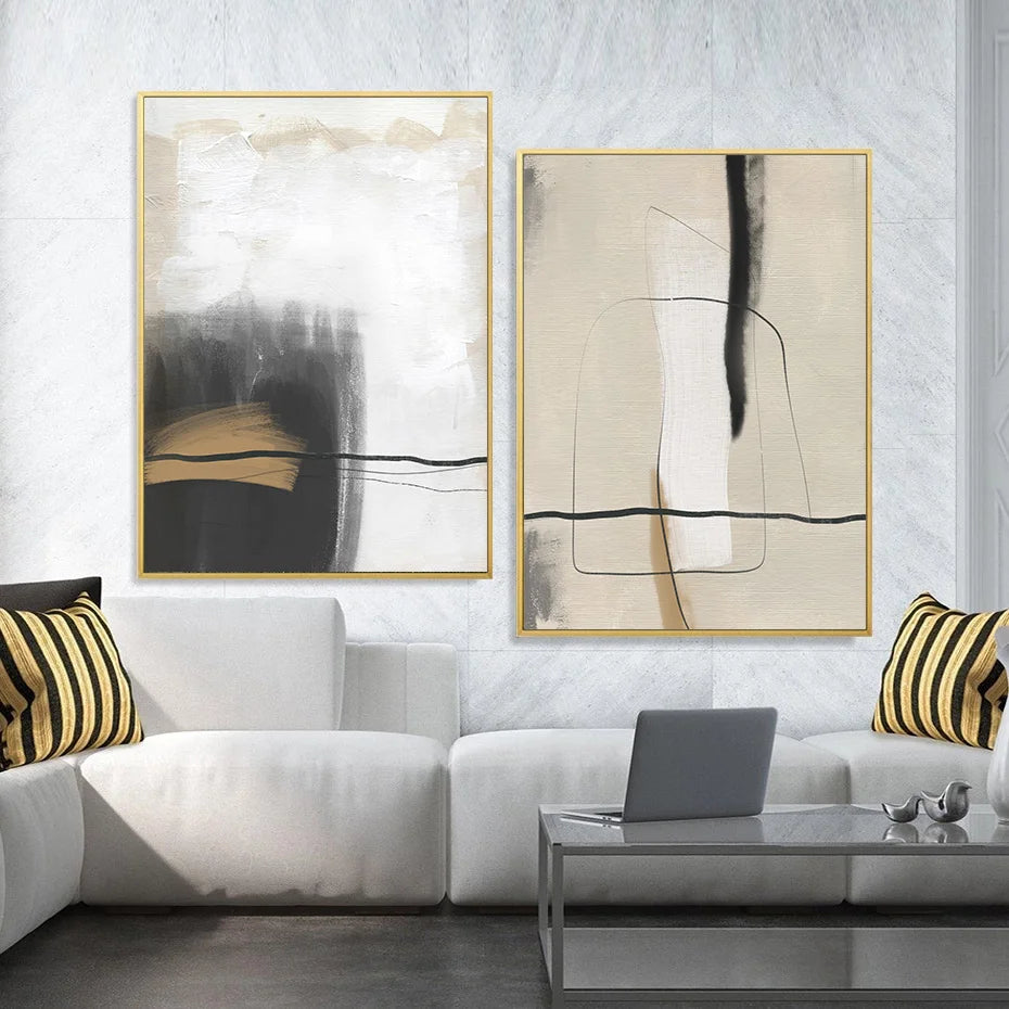 Sepia Black & Beige Brush Line Art Canvas Wall Prints