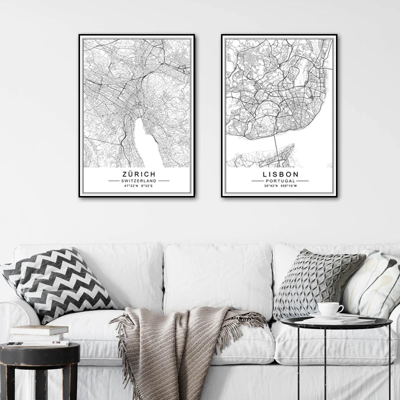 European City Maps Canvas Wall Prints