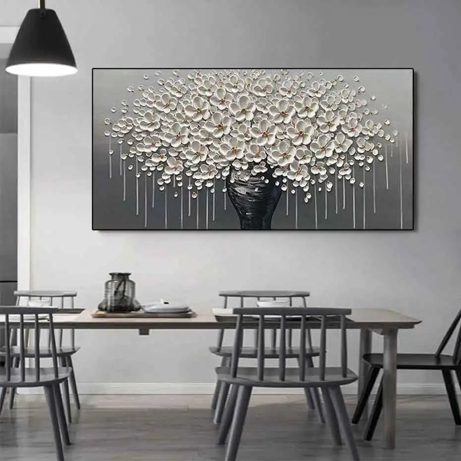 White & Gold Flower Long Canvas Wall Print