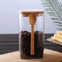 Japanese Style Square Glass Sealed Storage Jars with Wooden Spoons