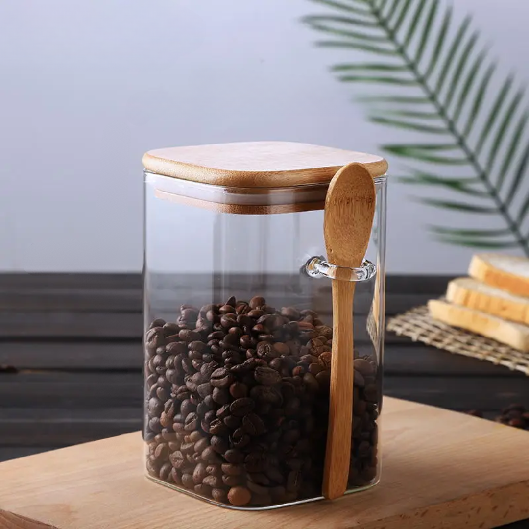 Japanese Style Square Glass Sealed Storage Jars with Wooden Spoons