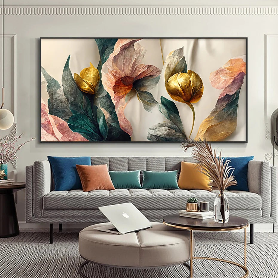 Gold, Green, & Pink Flowers Canvas Wall Prints