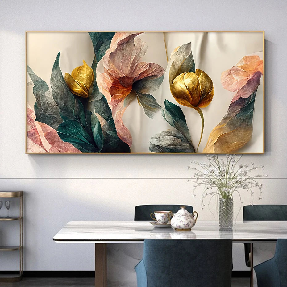 Gold, Green, & Pink Flowers Canvas Wall Prints