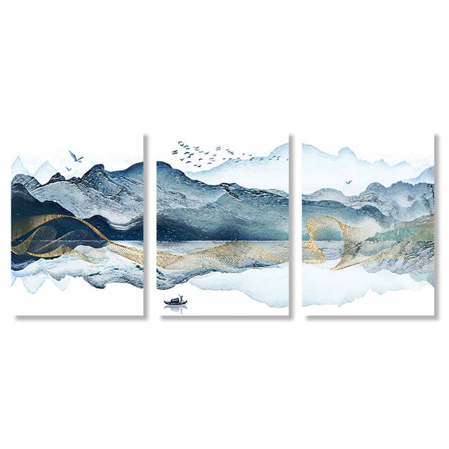 Blue and Gold Watercolor Mountain Canvas Wall Print