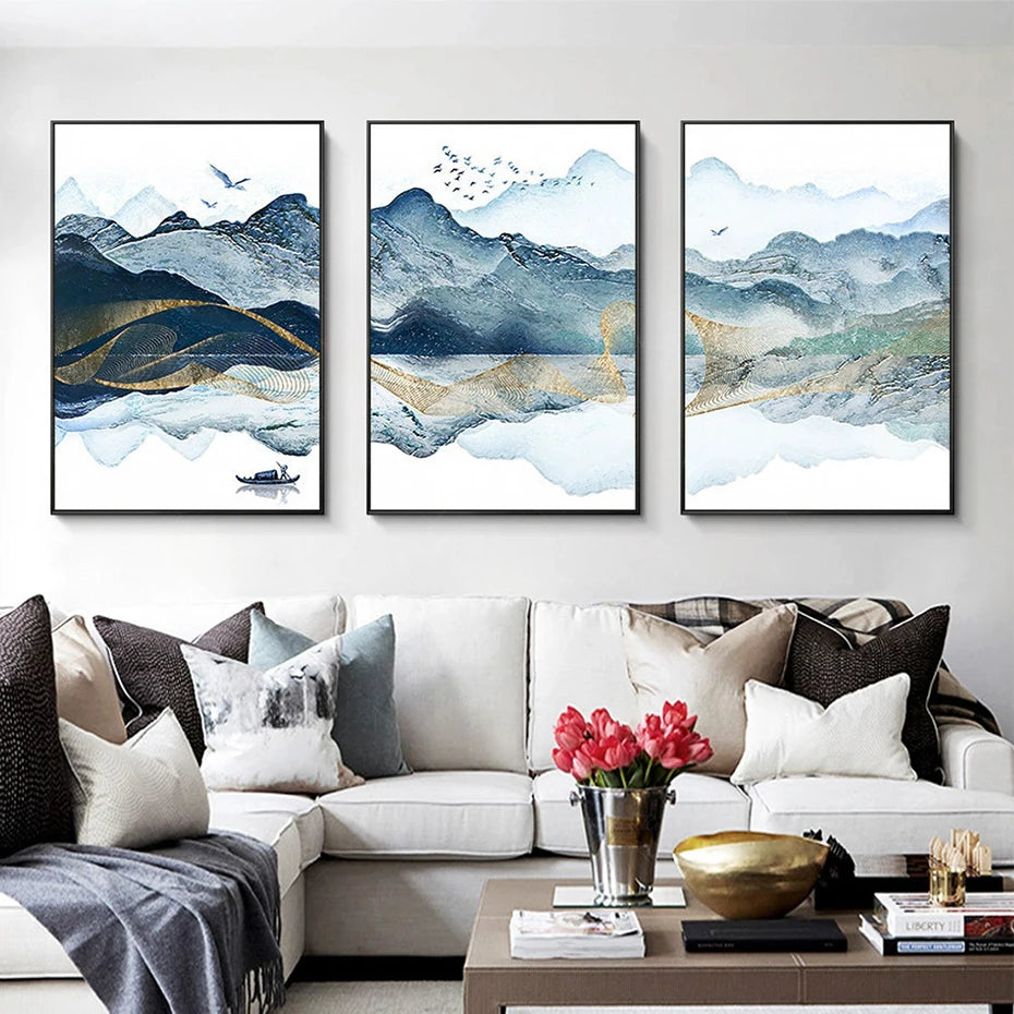 Blue and Gold Watercolor Mountain Canvas Wall Print