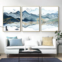 Blue and Gold Watercolor Mountain Canvas Wall Print