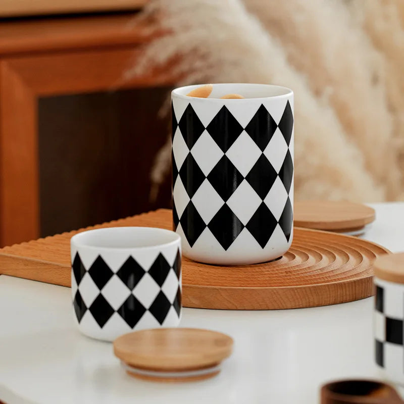 Black and White Checkered Ceramic Storage Jars