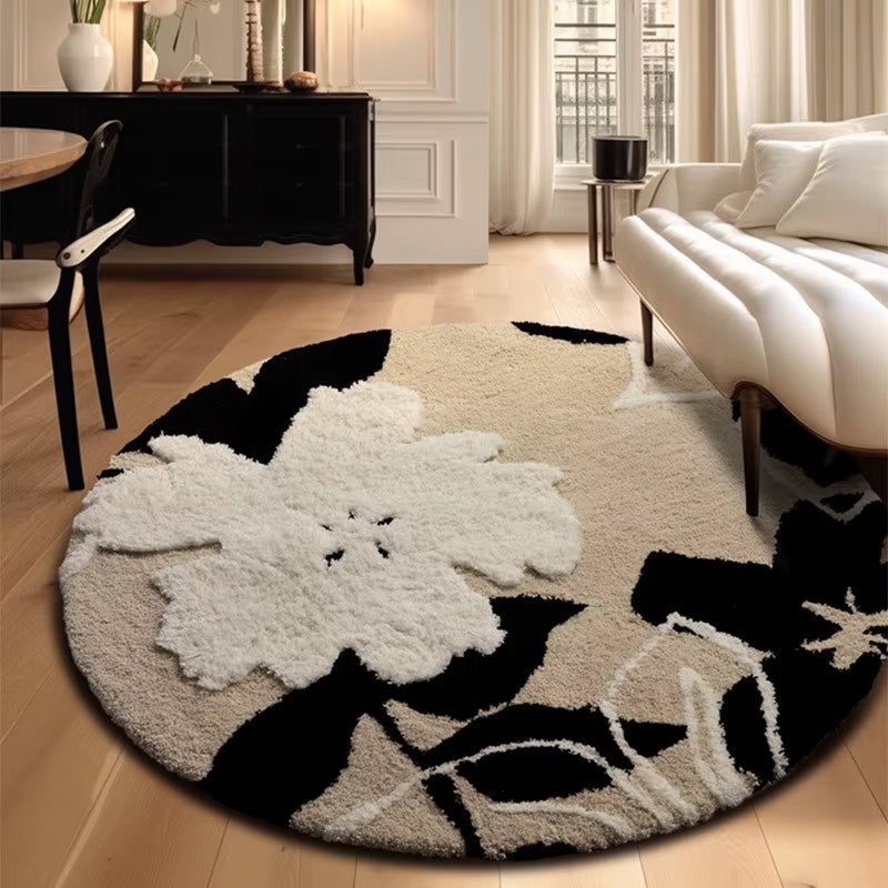 Nordic Flowers Flocked round Rugs Living Room Fluffy Area Rug Bedroom Bedside Anti-Slip Carpet Tufted Soft Floor Mat Home Decor