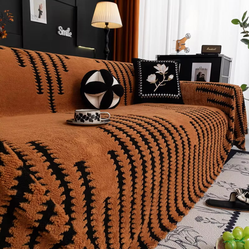 Luxury Thickened Plush Sofa Towel for Living Room Autumn Winter Universal Couch Cover Geometric Stripes Full Cover Sofa Towel