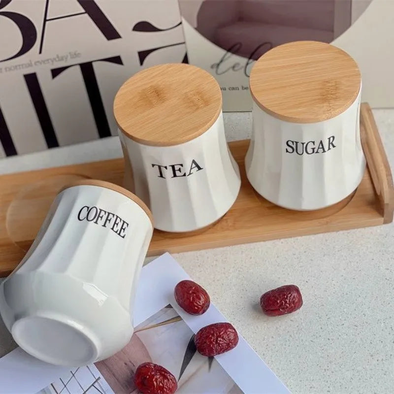 White Ceramic Sealed Moisture-Proof Storage Jars with Wooden Lids