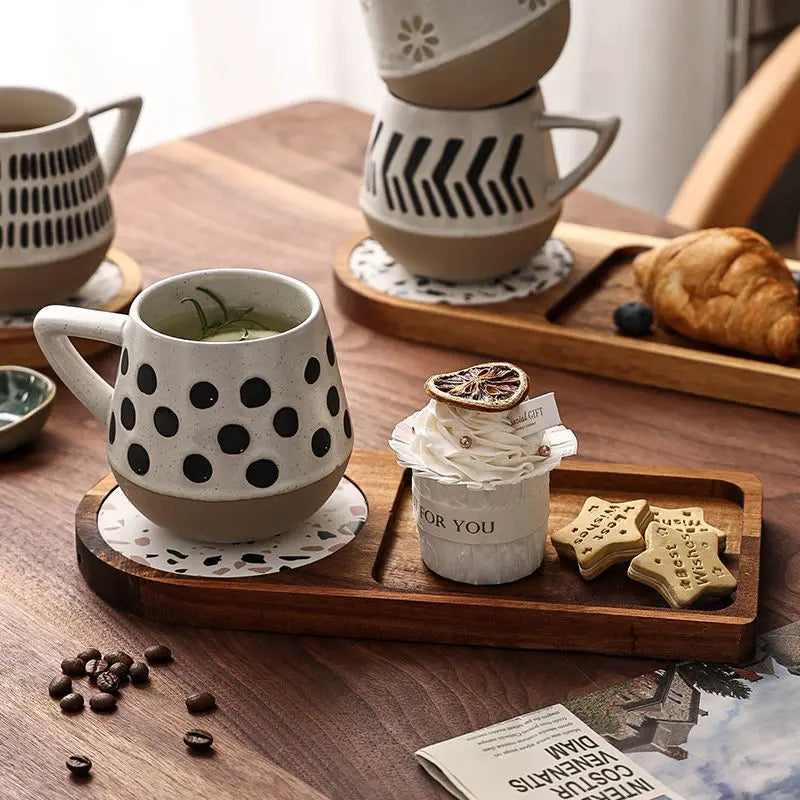 Vintage Black & White Polka Dot Ceramic Coffee Cups