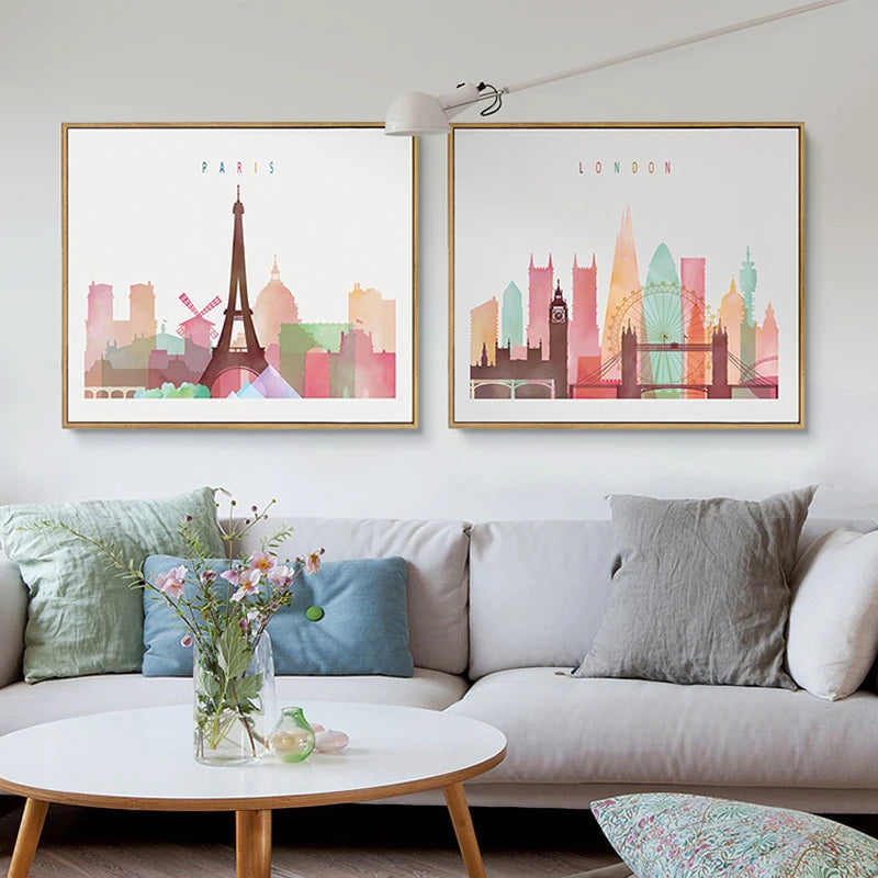 City Skyline Watercolor Wall Prints