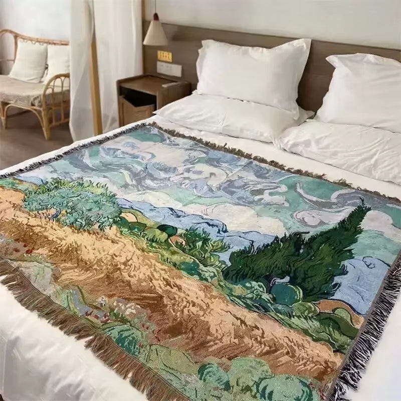 Wheat Field with Cypress Tapestry Blanket