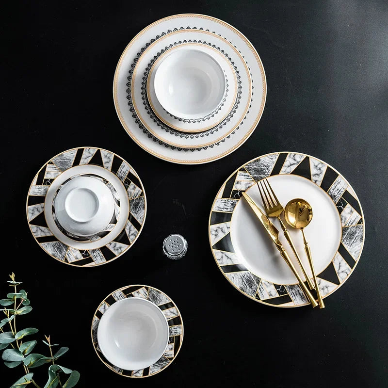 European-Style Patterned Ceramic Dinner Plates & Bowls