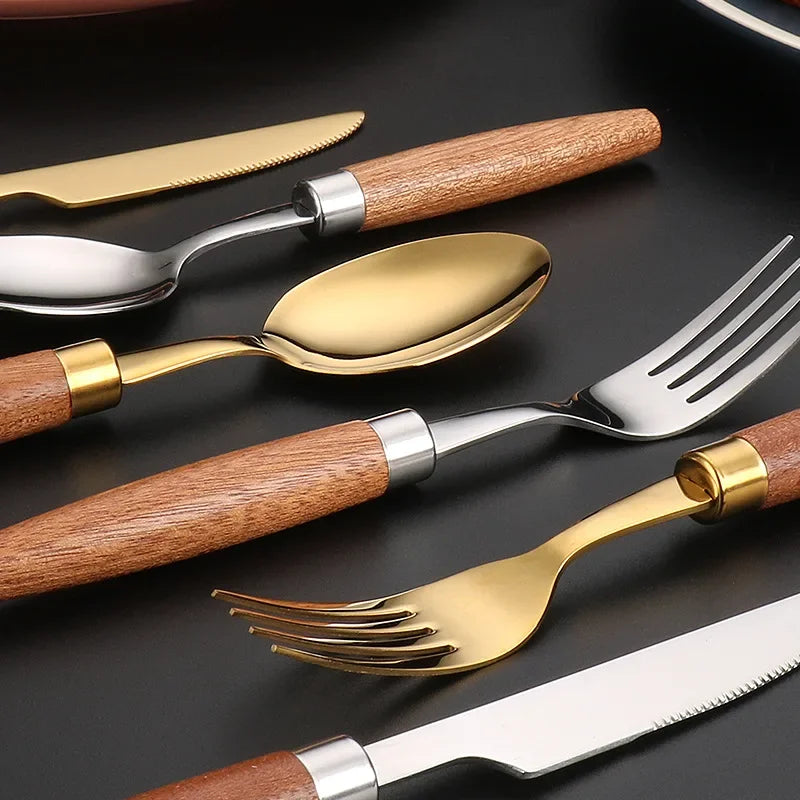 4Pcs Western Wooden Handle Cutlery Set (Stainless Steel)