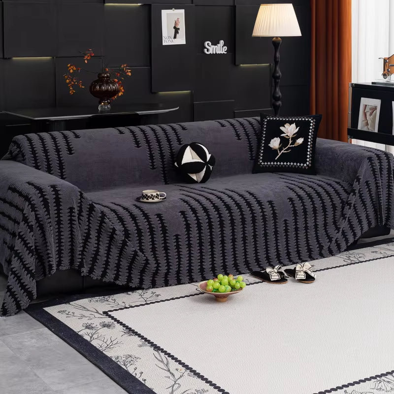 Luxury Thickened Plush Sofa Towel for Living Room Autumn Winter Universal Couch Cover Geometric Stripes Full Cover Sofa Towel